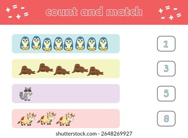 Education game for children count and match of cute wild animals. Educational game for kids. Printable worksheet. Vector Illustration