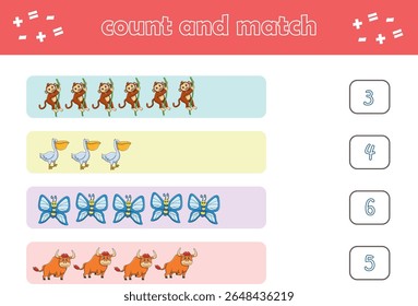 Jogo de educação para crianças contar e combinar de animais selvagens bonitos. Jogo educacional para crianças. Planilha imprimível. Ilustração de vetor