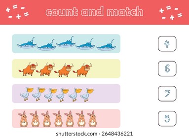Jogo de educação para crianças contar e combinar de animais selvagens bonitos. Jogo educacional para crianças. Planilha imprimível. Ilustração de vetor
