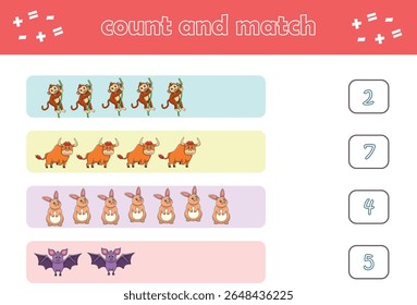 Jogo de educação para crianças contar e combinar de animais selvagens bonitos. Jogo educacional para crianças. Planilha imprimível. Ilustração de vetor