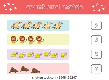 Jogo de educação para crianças contar e combinar de animais selvagens bonitos. Jogo educacional para crianças. Planilha imprimível. Ilustração de vetor