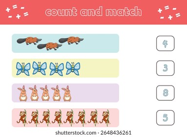 Jogo de educação para crianças contar e combinar de animais selvagens bonitos. Jogo educacional para crianças. Planilha imprimível. Ilustração de vetor
