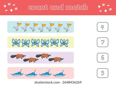 Jogo de educação para crianças contar e combinar de animais selvagens bonitos. Jogo educacional para crianças. Planilha imprimível. Ilustração de vetor