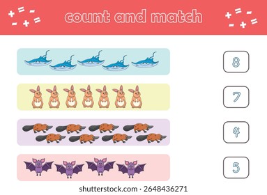 Jogo de educação para crianças contar e combinar de animais selvagens bonitos. Jogo educacional para crianças. Planilha imprimível. Ilustração de vetor