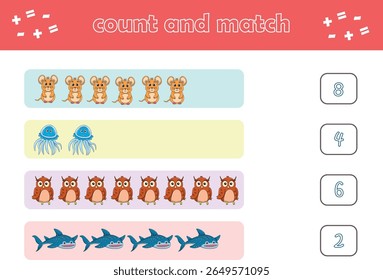 Jogo de educação para crianças contar e combinar de animais selvagens bonitos. Jogo educacional para crianças. Planilha imprimível. Ilustração de vetor
