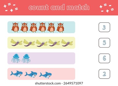 Jogo de educação para crianças contar e combinar de animais selvagens bonitos. Jogo educacional para crianças. Planilha imprimível. Ilustração de vetor