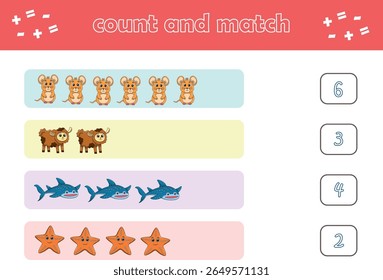 Jogo de educação para crianças contar e combinar de animais selvagens bonitos. Jogo educacional para crianças. Planilha imprimível. Ilustração de vetor