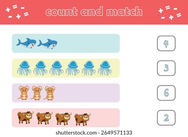 Jogo de educação para crianças contar e combinar de animais selvagens bonitos. Jogo educacional para crianças. Planilha imprimível. Ilustração de vetor