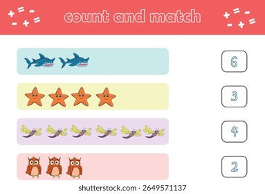 Education game for children count and match of cute wild animals. Educational game for kids. Printable worksheet. Vector Illustration