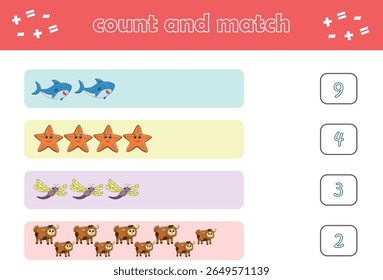 Jogo de educação para crianças contar e combinar de animais selvagens bonitos. Jogo educacional para crianças. Planilha imprimível. Ilustração de vetor