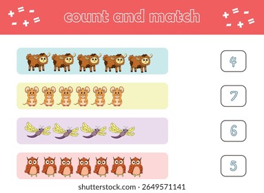Jogo de educação para crianças contar e combinar de animais selvagens bonitos. Jogo educacional para crianças. Planilha imprimível. Ilustração de vetor