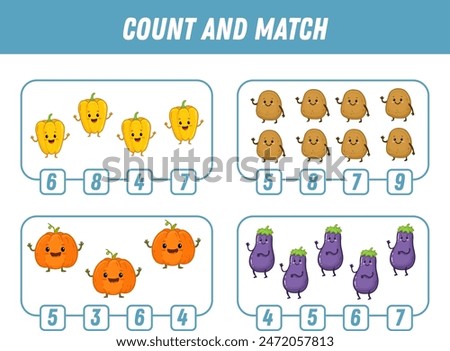 Education game for children count and match of cute cartoon vegetables, printable worksheet. Funny pumpkin, potato, eggplant, pepper. Vector illustration