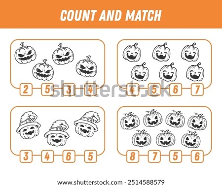 Education game for children count and match of cartoon pumpkin, printable worksheet. Halloween game. Vector
