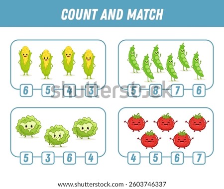 Education game for children count and match of cute cartoon vegetables, printable worksheet. Funny cabbage, pea pod, corn, tomato. Vector