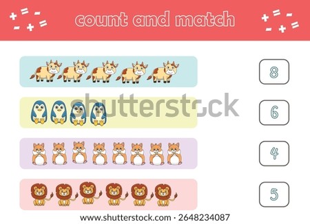 Education game for children count and match of cute wild animals. Educational game for kids. Printable worksheet. Vector Illustration