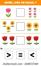 Education game for children count more less or equal of cartoon flower then cut and glue the correct sign nature worksheet