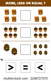 Education game for children count more less or equal of cartoon wood log acorn pinecone then cut and glue the correct sign nature worksheet