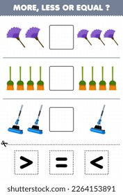 Education game for children count more less or equal of cartoon duster broom mop then cut and glue the correct sign tool worksheet