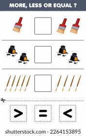 Education game for children count more less or equal of cartoon brush and ink then cut and glue the correct sign tool worksheet