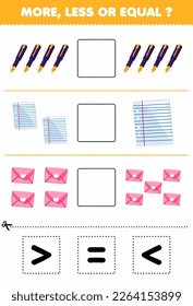 Education game for children count more less or equal of cartoon pen paper envelope then cut and glue the correct sign tool worksheet