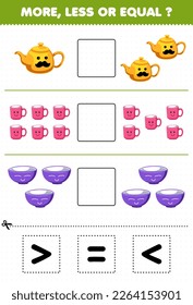 Education game for children count more less or equal of cartoon teapot mug bowl then cut and glue the correct sign tool worksheet