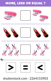 Education game for children count more less or equal of cartoon stapler cutter scissor then cut and glue the correct sign tool worksheet