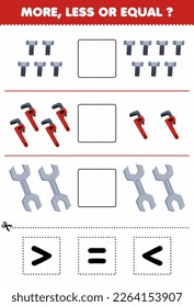 Education game for children count more less or equal of cartoon bolt wrench spanner then cut and glue the correct sign tool worksheet