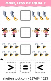 Education game for children count more less or equal of cartoon sword boy hook then cut and glue the correct sign pirate worksheet