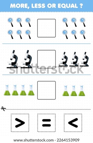 Education game for children count more less or equal of cartoon magnifier microscope beaker then cut and glue the correct sign tool worksheet