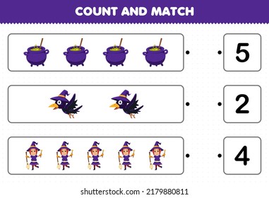 Education game for children count the number of cute cartoon cauldron crow witch costume and match with the right numbers halloween printable worksheet