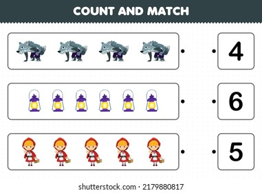 Los juegos de educación para niños cuentan el número de tiernos dibujos animados hombre lobo linterna capucha roja y coinciden con los números correctos hoja de cálculo imprimible de halloween