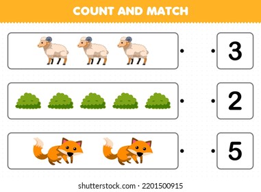 Education game for children count the number of cute cartoon sheep bush fox and match with the right numbers printable farm worksheet