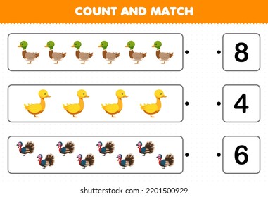 Juego de educación para niños cuenta el número de tiras cómicas de pavo de pato y coincide con los números correctos de la hoja de cálculo de la granja imprimible