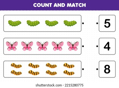 Education game for children count the number of cute cartoon caterpillar butterfly silkworm and match with the right numbers printable bug worksheet