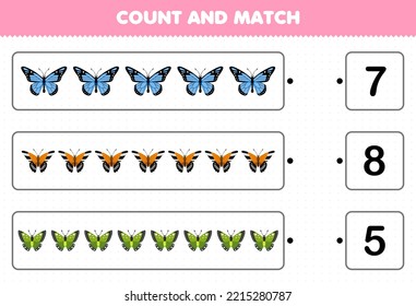 Education game for children count the number of cute cartoon butterfly and match with the right numbers printable bug worksheet