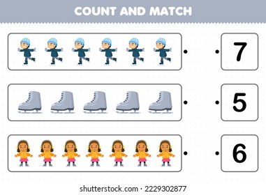 Education game for children count the number of cute cartoon kids play ice skating and match with the right numbers printable winter worksheet