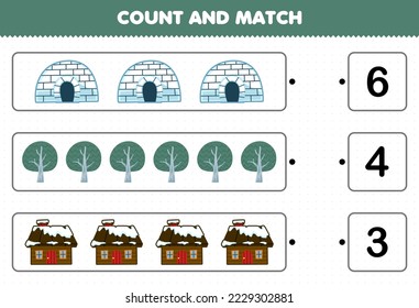 Juego de educación para niños cuenta el número de tiras de iglú de dibujos bonitos y coincide con los números correctos hoja de cálculo imprimible de invierno