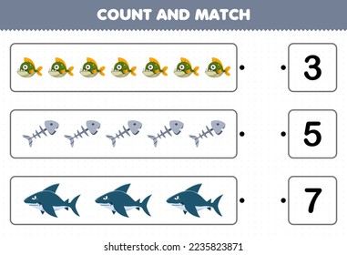 Education game for children count the number of cute cartoon piranha fish bone shark and match with the right numbers printable underwater worksheet