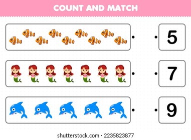 Education game for children count the number of cute cartoon fish mermaid dolphin and match with the right numbers printable underwater worksheet