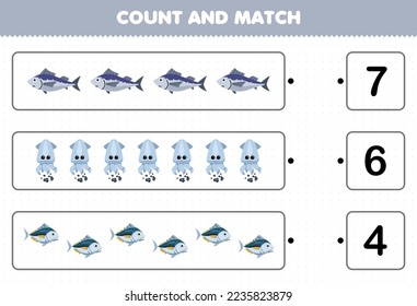Education game for children count the number of cute cartoon tuna fish squid and match with the right numbers printable underwater worksheet