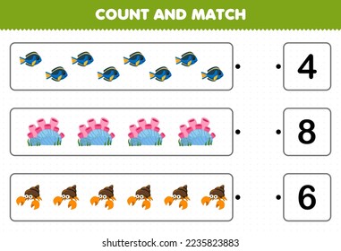 Los juegos educativos para niños cuentan el número de adorables caricaturas peces coral hermitañas cangrejo y coinciden con los números correctos imprimibles hoja de cálculo submarina