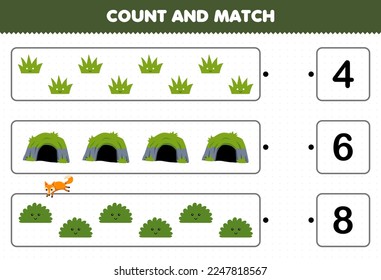 Education game for children count the number of cute cartoon grass cave bush and match with the right numbers printable nature worksheet