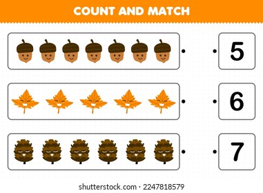 Education game for children count the number of cute cartoon acorn maple leaf pinecone and match with the right numbers printable nature worksheet