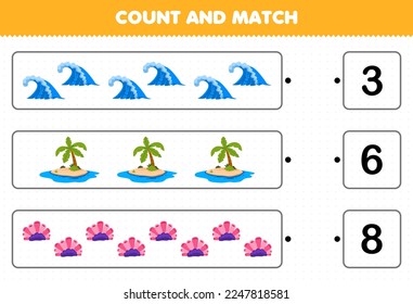Education game for children count the number of cute cartoon wave island coral and match with the right numbers printable nature worksheet