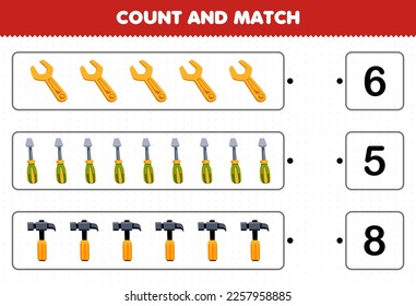 Education game for children count the number of cute cartoon wrench screwdriver hammer and match with the right numbers printable tool worksheet