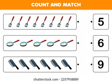 Education game for children count the number of cute cartoon spatula frying pan knife and match with the right numbers printable tool worksheet