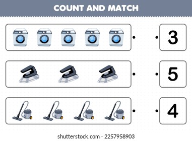 Education game for children count the number of cute cartoon washing machine iron vacuum cleaner and match with the right numbers printable tool worksheet