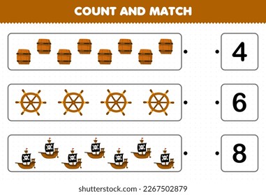 Education game for children count the number of cute cartoon barrel wheel ship and match with the right numbers printable pirate worksheet