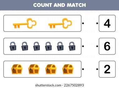 Education game for children count the number of cute cartoon key padlock treasure chest and match with the right numbers printable pirate worksheet