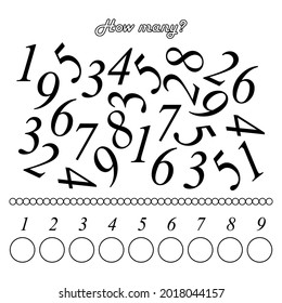 Education game for children. Count numbers in the picture . Write down the result. Vector illustration